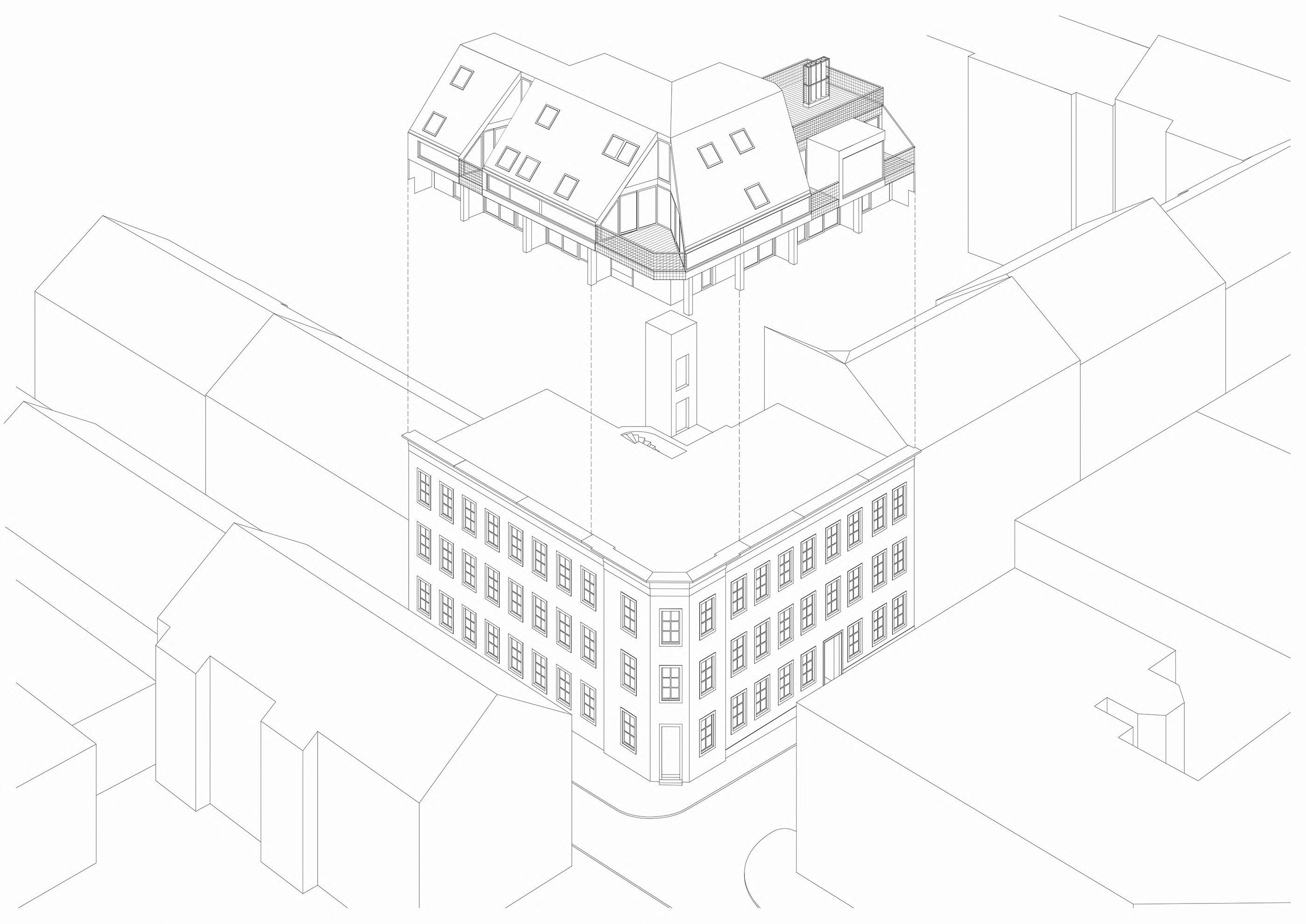 Axonometrie Dachaufbau Grangasse / Wien 15