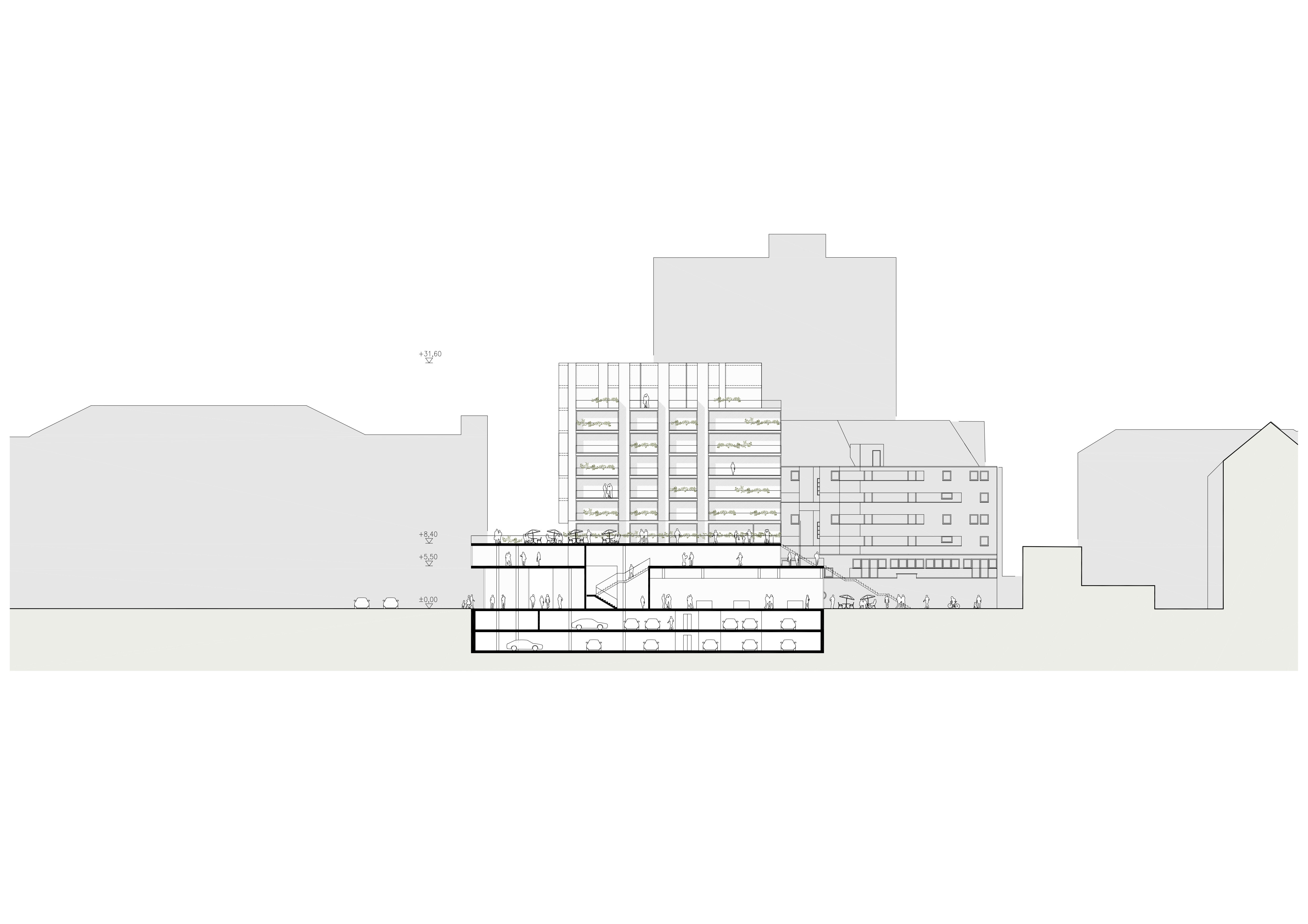 Schnitt BB Bebauung Amraserstraße - Pradlerstraße / Innsbruck / Tirol